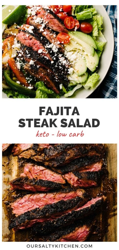 Top - a steak fajita salad in a low tan bowl with a blue napkin to the side; bottom - seared fajita salad thinly sliced on a cutting board; title bar in the middle reads "fajita steak salad - keto and low carb".