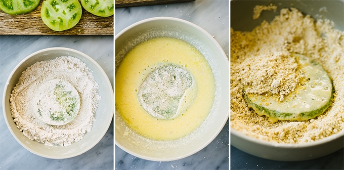 Three images showing how to batter gluten free fried green tomatoes. Oat flour dusting, then egg wash, then cornmeal and oat flour coating.