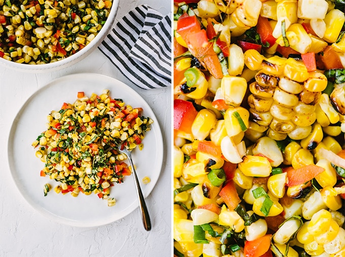 Left - a white plate with a side dish serving of sweet corn salad. Right - a detail image of grilled corn salad.