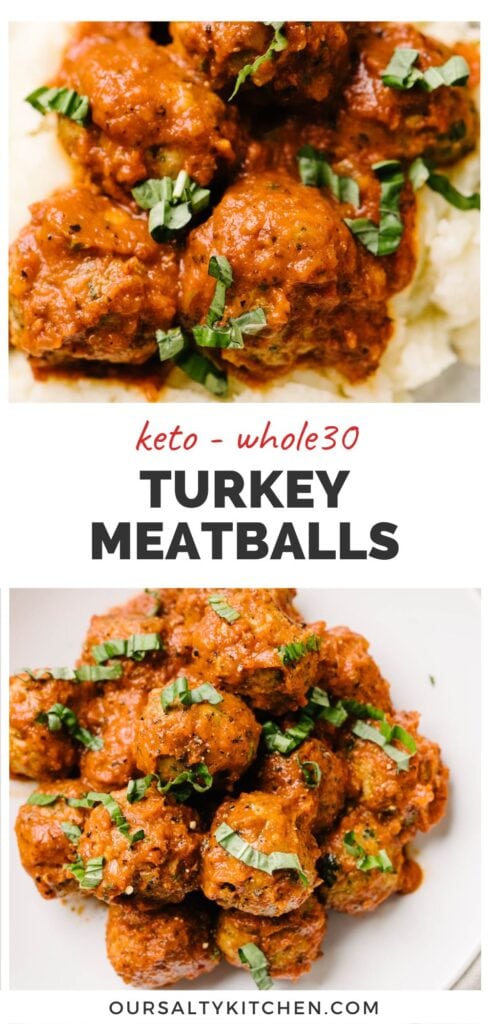 Top - side view, turkey meatballs in marinara over mashed potatoes; bottom - Whole30 turkey meatballs in a white serving bowl; title bar in the middle reads "keto and whole30 turkey meatballs".