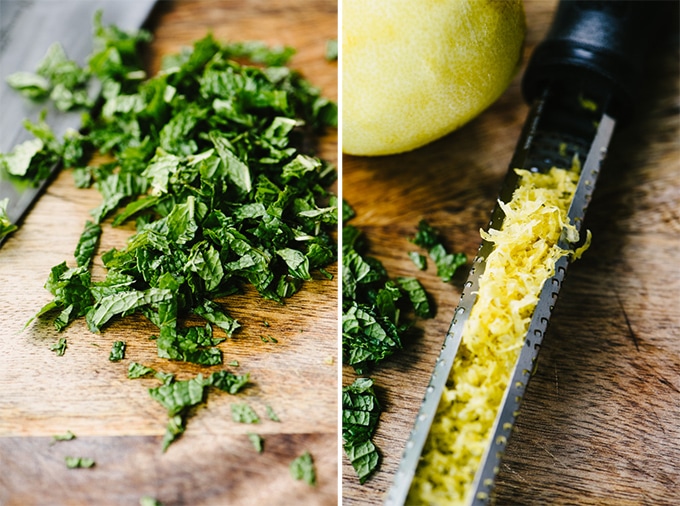 Left - chopped fresh mint on a wood cutting board. Right - a microplane filled with freshly zested lemon.