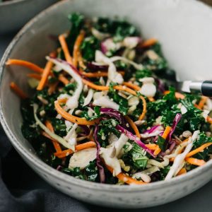 Crunchy kale slaw in a bowl served as a side salad.