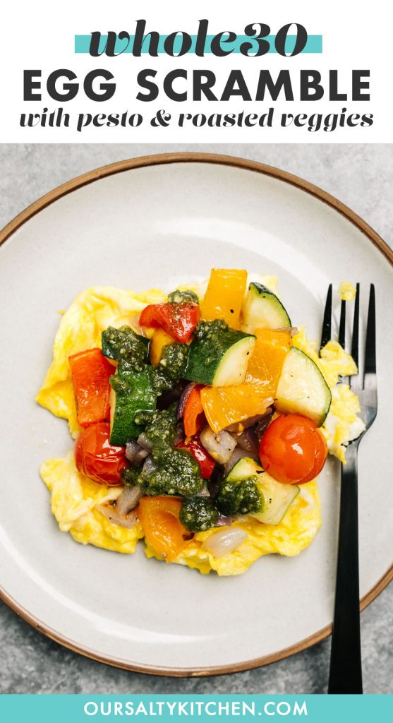 Pinterest image for a whole30 egg scramble with pesto and roasted vegetables.