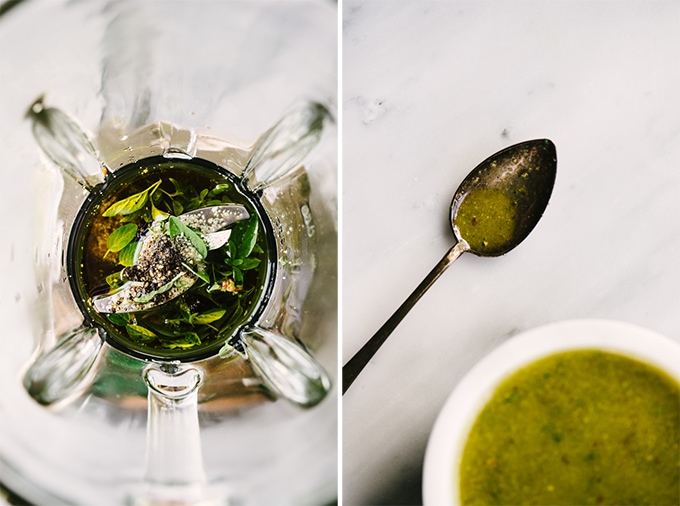 Two images showing how to make oregano vinaigrette dressing in a blender for a mediterranean chicken salad.
