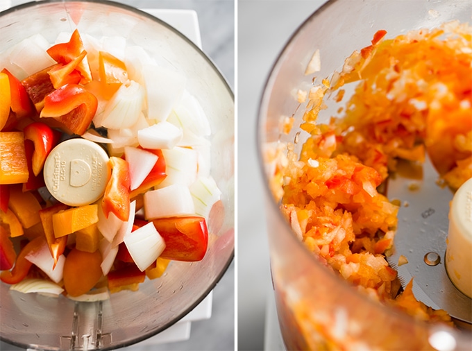 Diced onions and bell peppers in a food processor for veggie packed paleo turkey burgers.