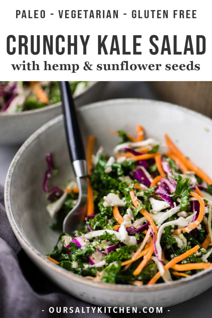 This colorful and crunchy kale slaw is super power food! It's chock full of healthy, plant based vegetables and seeds that are packed with protein and vitamins. It's ready in just 20 minutes and the perfect meal prep recipe to have on hand all week. Use it as a slaw for paleo tacos or pulled pork, or serve it as a gluten free dinner salad with grilled chicken or fish. So versatile, so delicious.