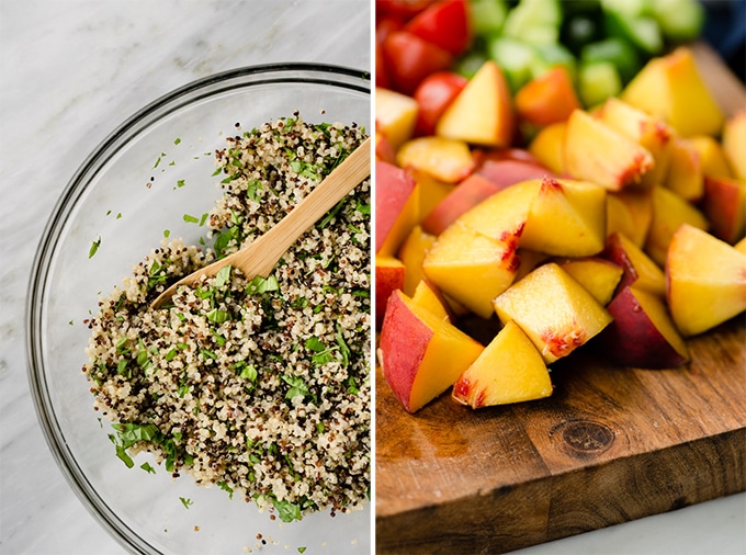 Left - a bowl of tri color quinoa tossed with chopped herbs. Right, diced peaches on a cutting board to top a summer quinoa salad.