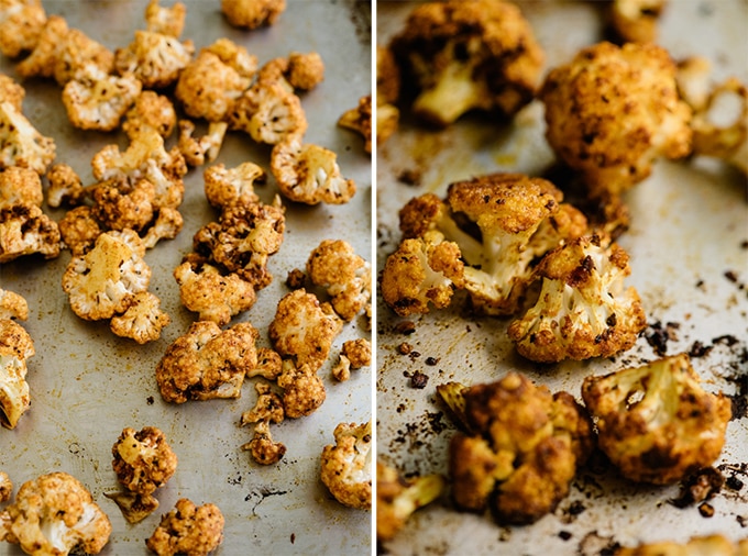Shawarma spiced cauliflower on baking sheets before and after being roasted.