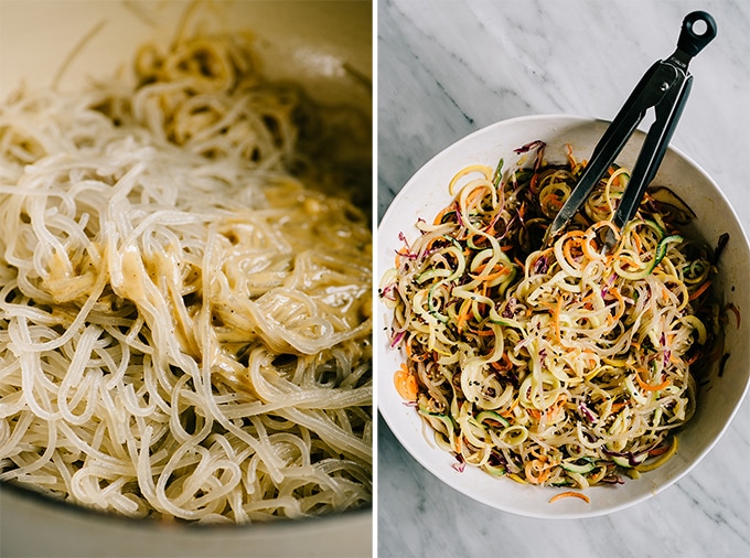 Left - cooked sweet potato glass noodles tossed with sesame ginger dressing. Right, rainbow glass noodle salad in a large white bowl.