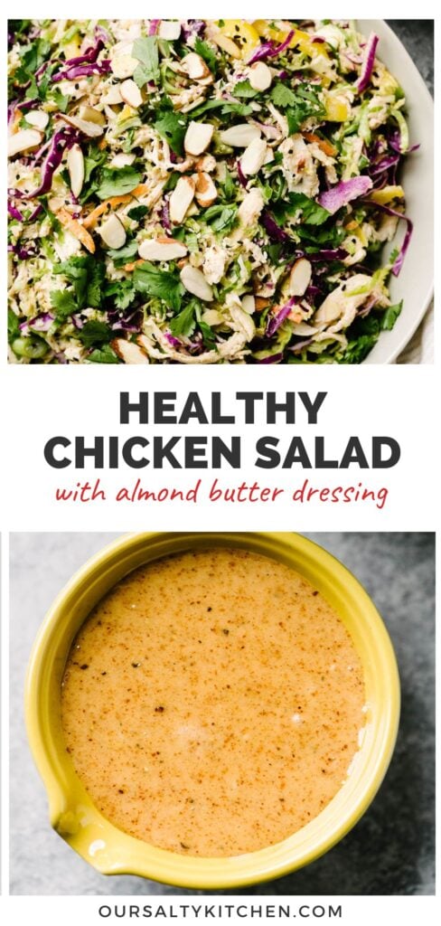 Top - shredded no mayo chicken salad in a tan serving bowl; bottom - almond butter dressing for chicken salad in a yellow bowl; title bar in the middle reads "healthy chicken salad with almond butter dressing".