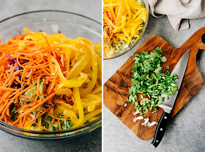 Left - healthy chicken salad base topped with shredded carrots and bell peppers. Right - thinly sliced green onions and chopped parsley on a cutting board.