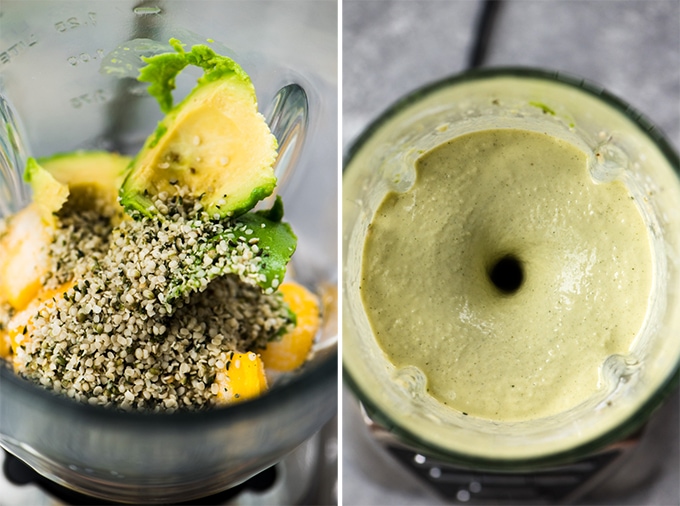 Left - mango, avocado, and hemp seeds in a blender. Right - a mango avocado smoothie being blended.