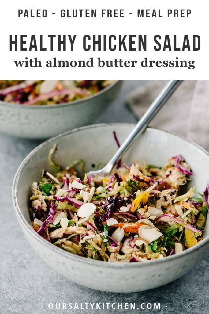 Skip the mayo and make this healthy protein packed chicken salad with almond butter dressing! This paleo and gluten free recipe is packed with fresh vegetables, crunchy nuts and seeds, and finished with a creamy, asian inspired almond butter dressing. This no mayo chicken salad is a great paleo, whole30, and gluten free meal prep recipe, and takes less than 30 minutes to make!