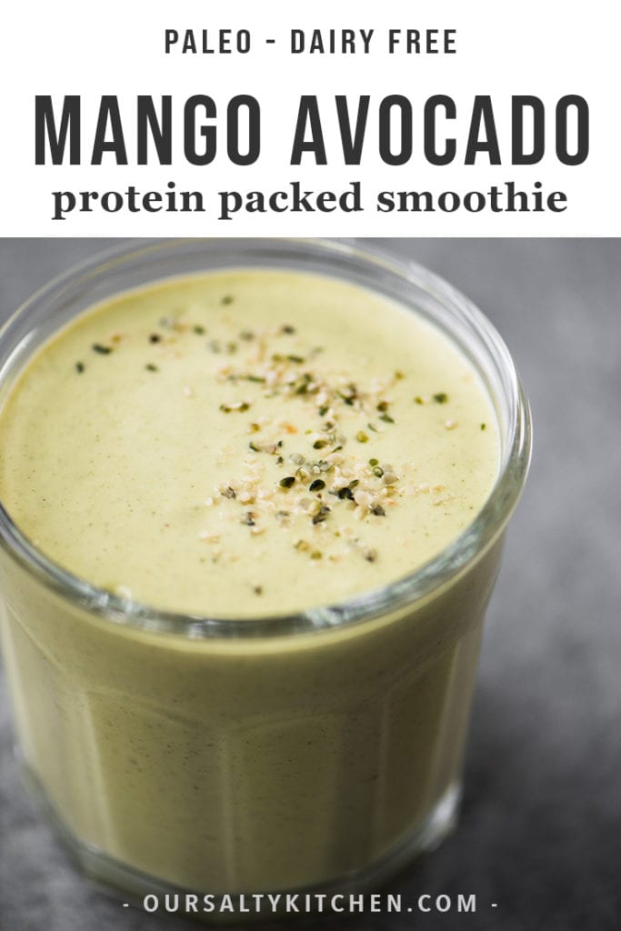 This mango avocado smoothie is packed with protein without using protein powder! Packed with nutrient dense hemp seeds, this paleo and dairy free smoothie has staying power. It's a delicious meal replacement for lunch or breakfast, and a filling post workout snack. You'll love this nutritious and healthy protein smoothie!