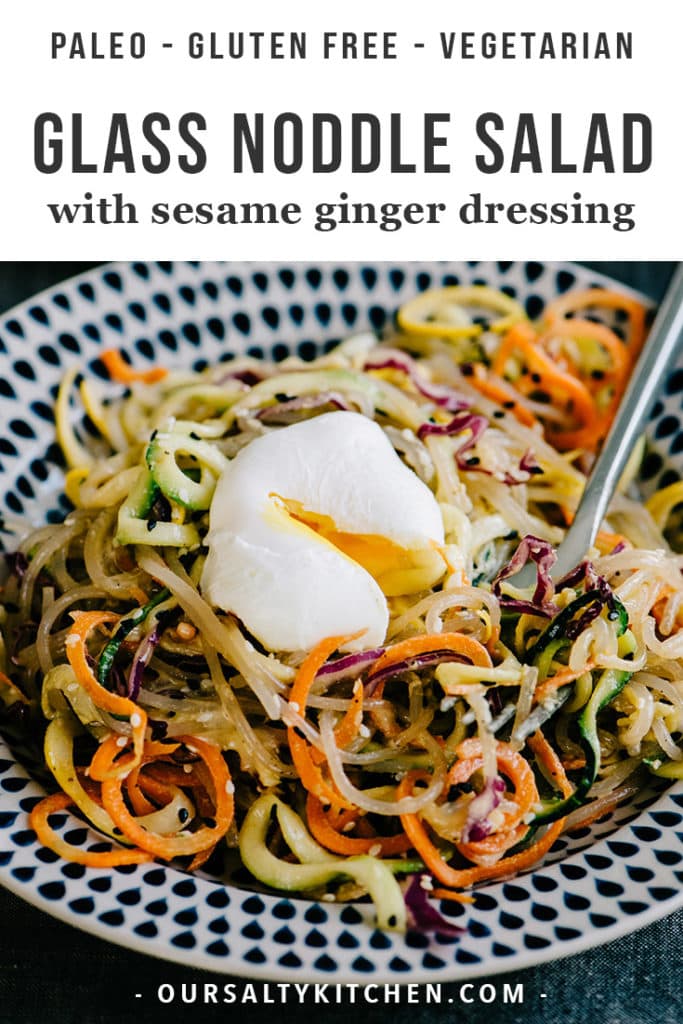 This rainbow glass noodle salad is perfect for back to school meal prep! Sweet potato glass noodles are tossed with zucchini, squash, carrots, cabbage, and an Asian inspired sesame ginger dressing. Serve it cold or warm, for lunch or dinner, with a poached egg, shrimp, or chicken. Whether you're paleo, gluten free, grain free, low carb, vegetarian, or something else, you'll go crazy for this easy, healthy noodle salad!