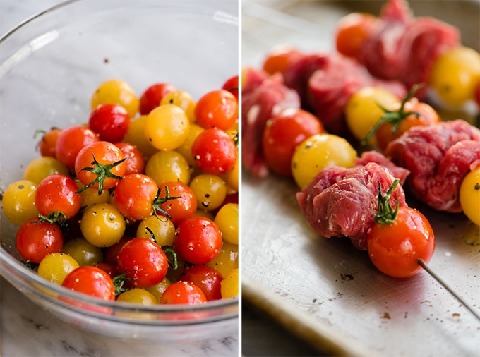 Left - cherry tomatoes tossed with olive oil, salt, and pepper. Right, tenderized flank steak and tomatoes threaded onto metal skewers.