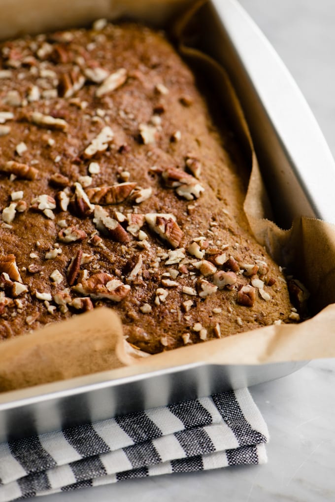 Healthy pumpkin bars with pecans fresh from the oven.