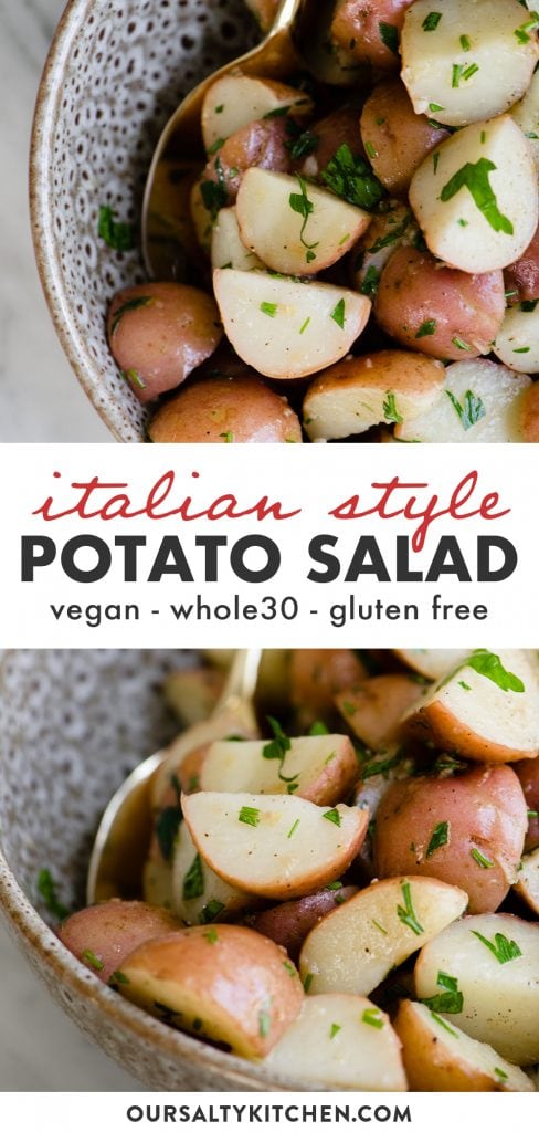 Pinterest collage for no mayo italian potato salad.