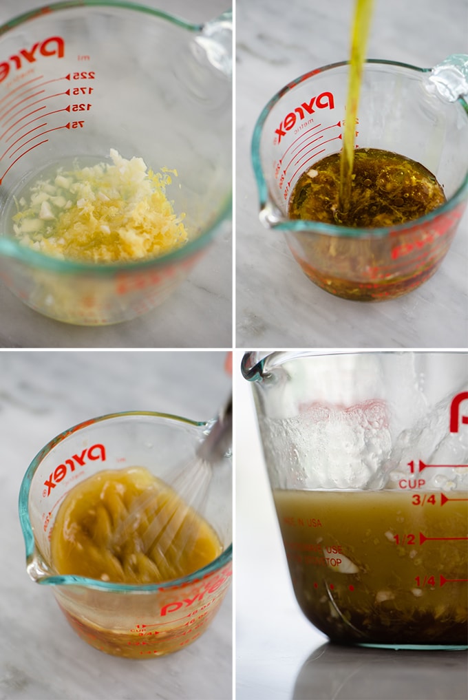 A collage showing how to make red wine vinaigrette with garlic and lemon.