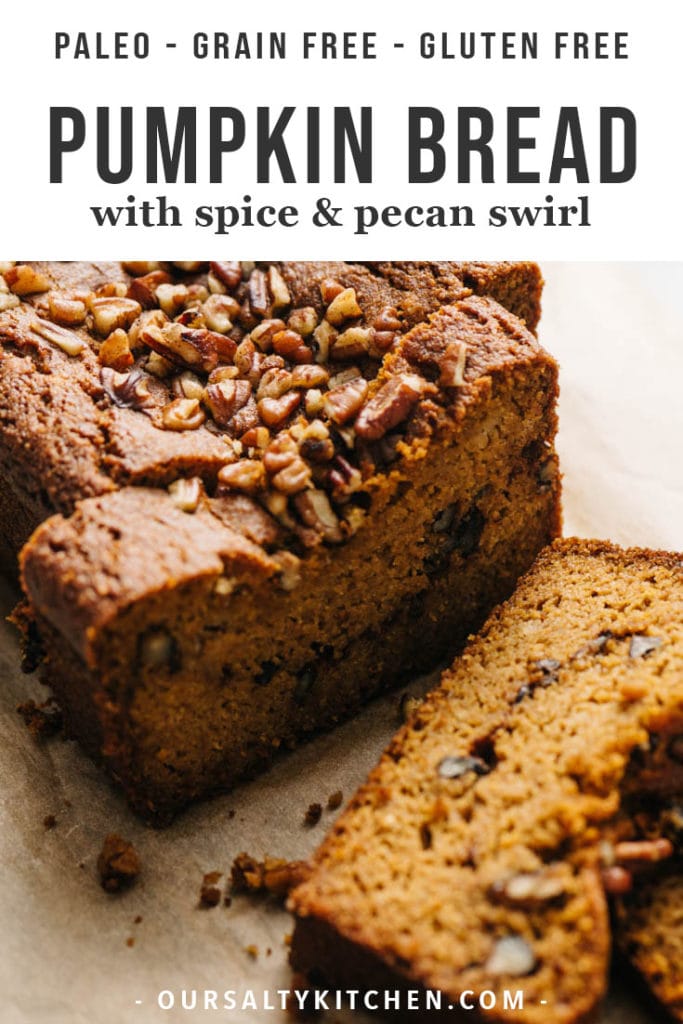 Several slices of paleo pumpkin bread with spiced coconut sugar swirl and pecans on a cutting board.