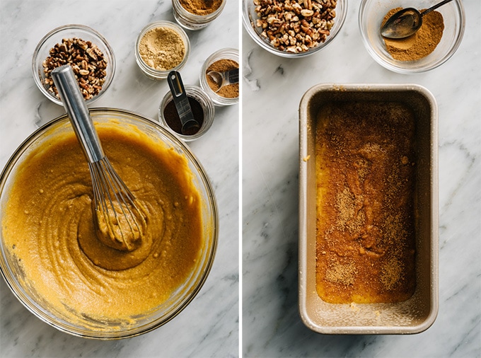 A bowl of paleo pumpkin bread batter, and pumpkin batter in a baking pan sprinkled with spice mixture.