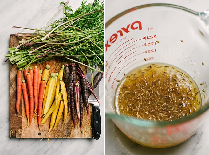 Tri color baby carrots on a cutting board, and a measuring cup filled with butter, cumin and honey for making honey glazed carrots.