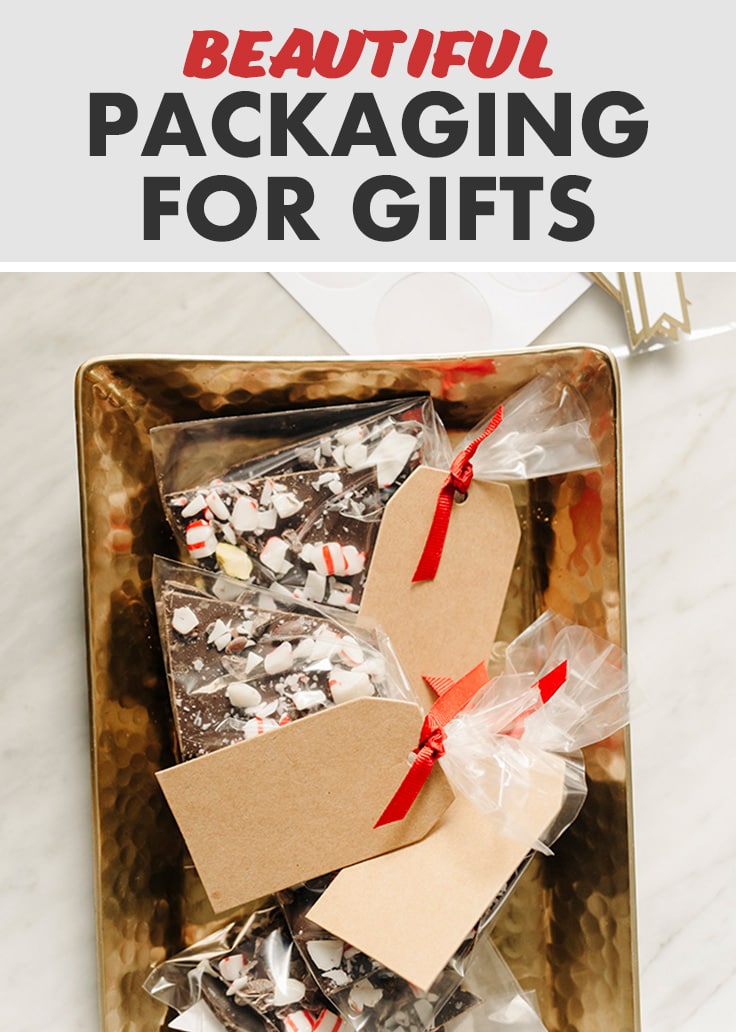 Chocolate bark in pretty packaging with a title at the top "beautiful packaging for gifts"