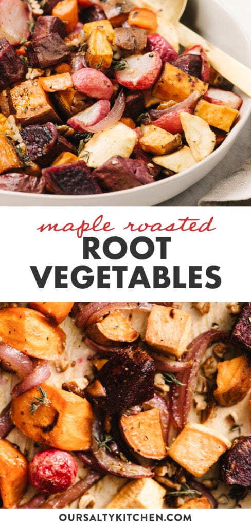 Pinterest collage for maple roasted root vegetables recipe.