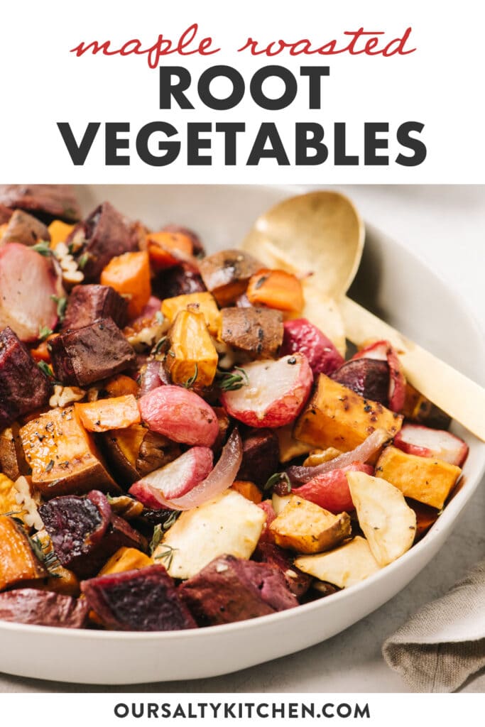 Pinterest image for maple roasted root vegetables recipe.