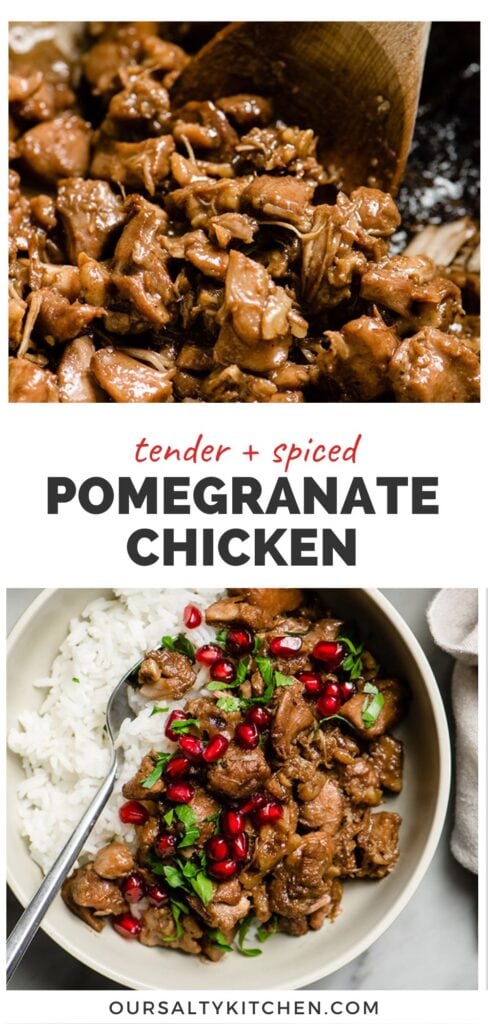 Top - pomegranate chicken in a dutch oven with a wood spoon; bottom - pomegranate chicken over white rice with pomegranate seeds; title bar in the middle reads "tender and spiced pomegranate chicken".
