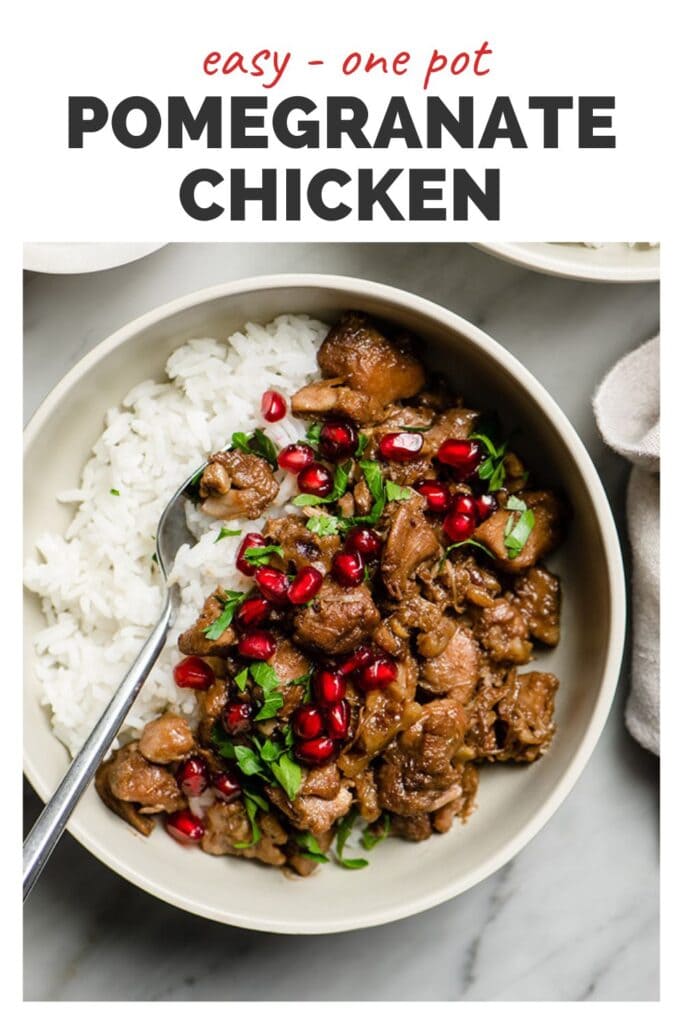 Pomegranate chicken over white rice in a low tan bowl, garnished with pomegranate seeds; title bar at the top reads "easy one pot pomegranate chicken".