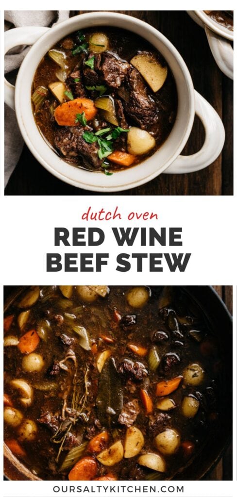 Beef stew with red wine in a bowl (top image) and in a dutch oven (bottom image) with a title bar in the middle that reads "dutch oven red wine beef stew".