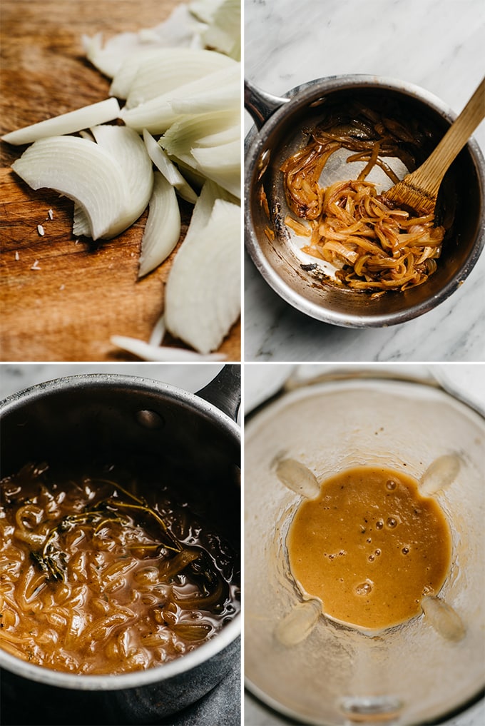 A collage showing how to make caramelized onion gravy step by step.