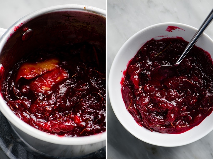 Cooked cranberry jam in a sauce pot, and in a small white bowl.