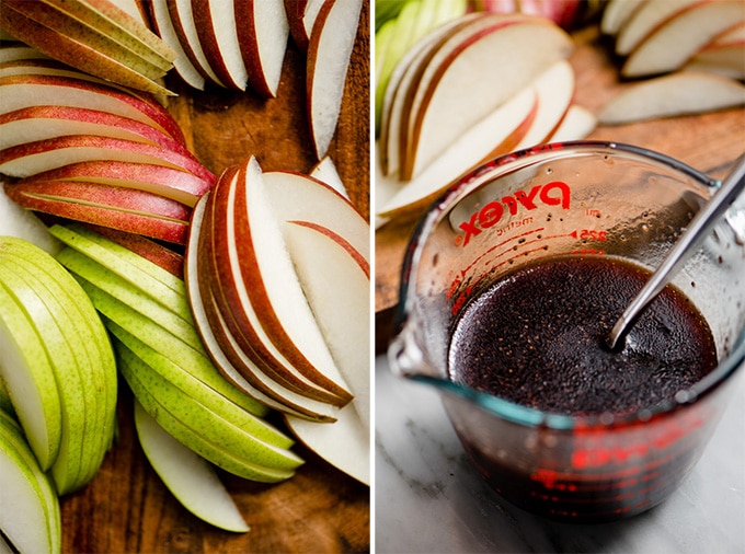Sliced pears on a cutting board, and pomegranate vinaigrette in a small mixing glass.