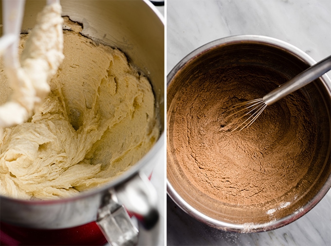 How to make whoopie pies - creamed butter and sugar in a mixing bowl, and a second mixing bowl filled with flour and cocoa powder.
