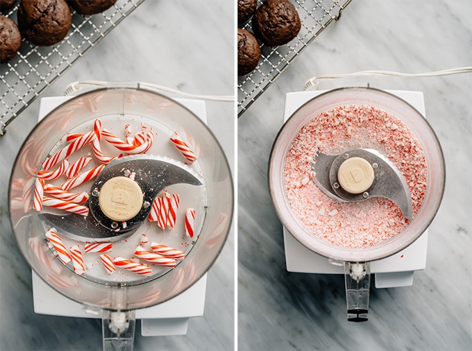 Two images showing how to make crushed candy canes in a food processor for decorating peppermint whoopie pies.
