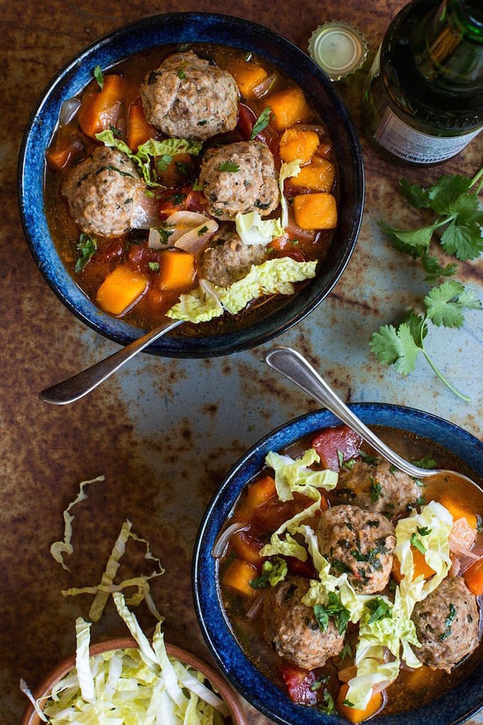 Two bowls of mexican meatball whole30 soup. 