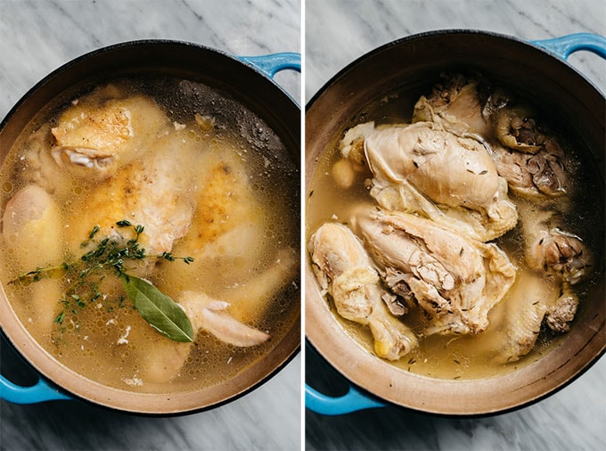 Chicken pieces with water and seasonings in a dutch oven before and after simmering for making low carb chicken zoodle soup.