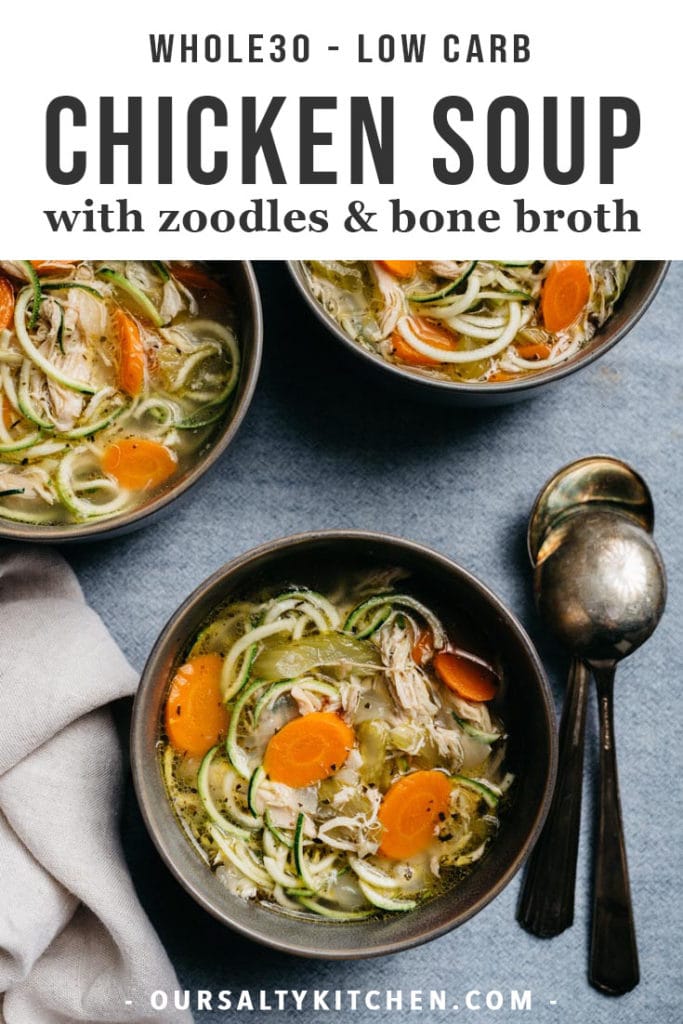 Three bowls of homemade chicken zoodle soup with bone broth.