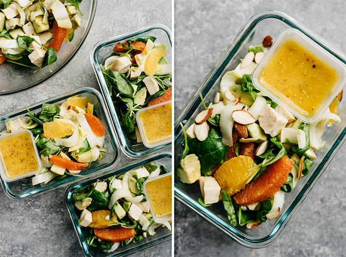 Several containers of Whole30 compliant orange chicken salad meal prep bowls with small containers of citrus vinaigrette.