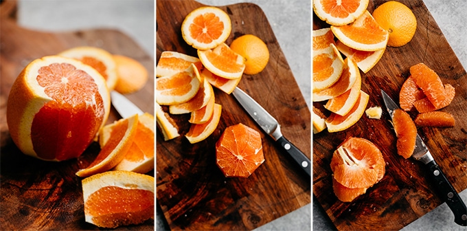 Three images showing how to to supreme an orange.
