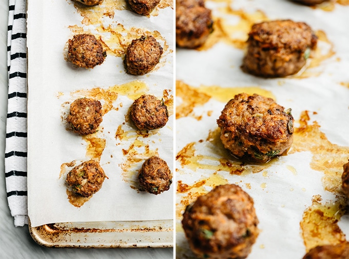 Two images of baked ginger pork poppers fresh from the oven on a baking sheet.