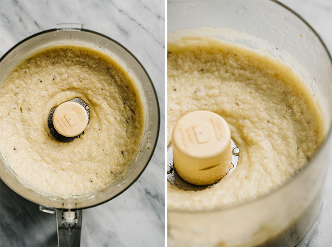 Cauliflower puree in the bowl of a food processor.