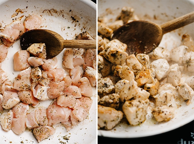 Diced chicken breasts with italian seasoning raw and cooked in a skillet.