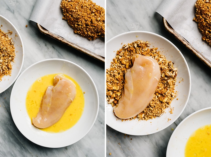 Two images showing how to dredge chicken in egg and crushed pecans to make baked pecan chicken.