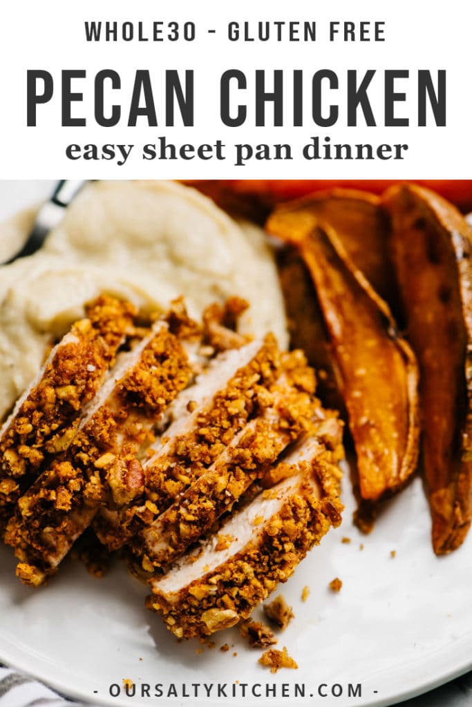 Slices of baked pecan chicken with cauliflower mash and sweet potato wedges on a white plate.