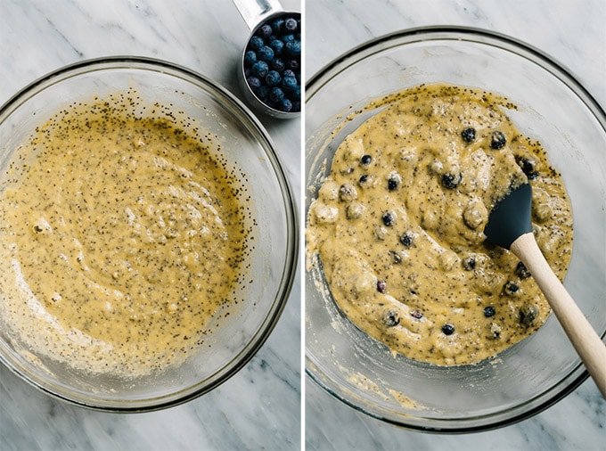 Paleo blueberry muffin batter in a glass mixing bowl before and after adding the blueberries.