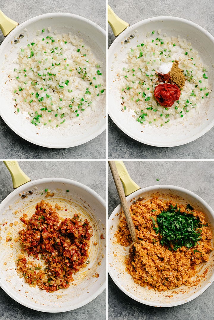A collage showing how to make mexican cauliflower rice in a skillet.