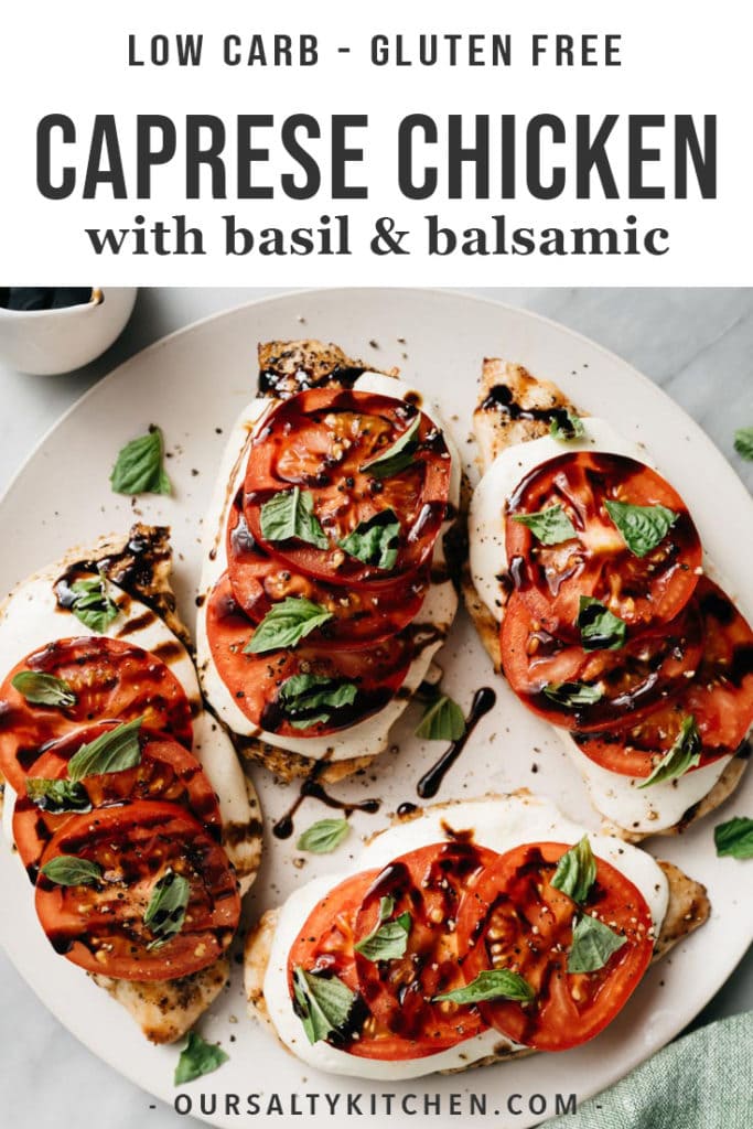 A platter of grilled italian caprese chicken drizzled with aged balsamic vinegar.